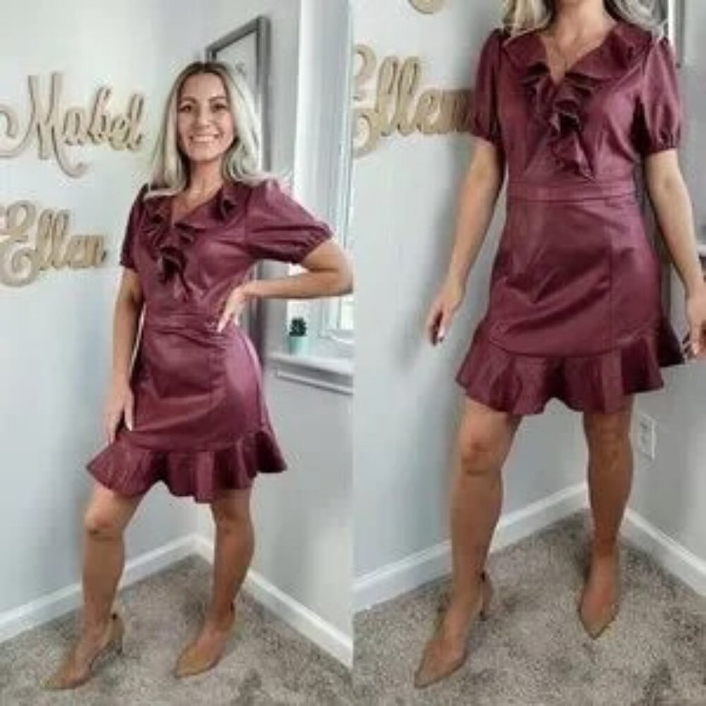 Voy maroon Socialite ruffled faux leather zip up dress size medium